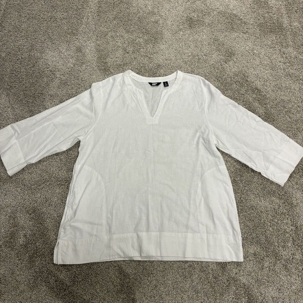 LANDS' END Split Neck 3/4 Sleeve Tunic Linen Blend Shirt Women’s Size XL White